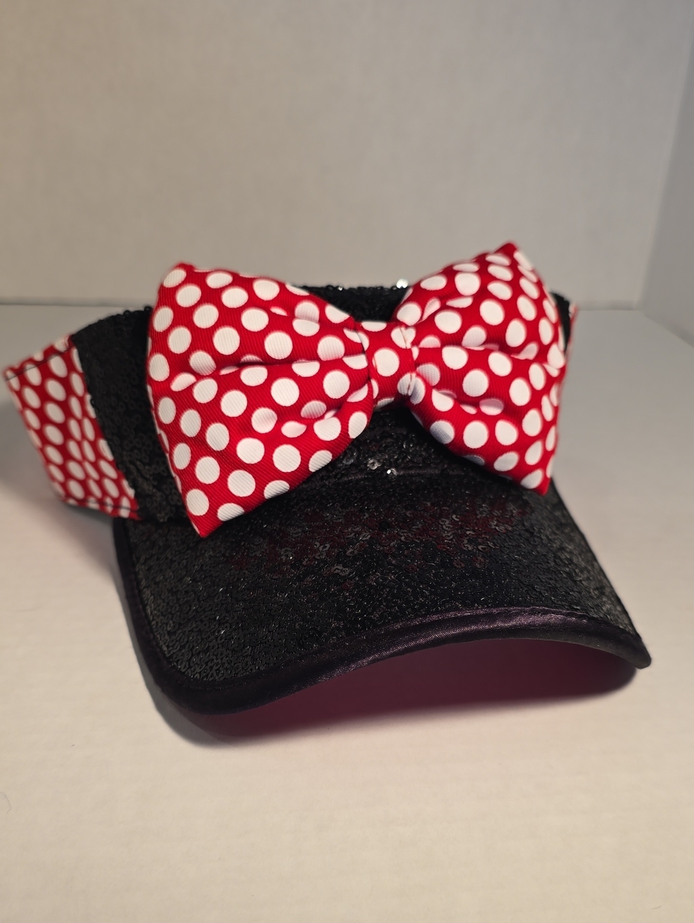 Disney Black Visor Cap with Red White Polka Dot Bow. FABOWLOUS.